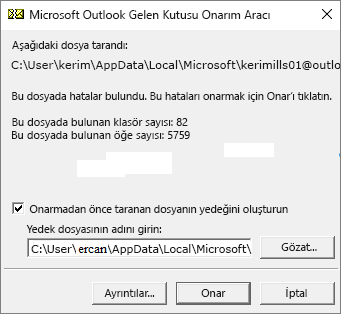 Microsoft Gelen Kutusu Onarma arac (SANPST.EXE) kullanlarak taranan Outlook .pst veri dosyasnn sonularn gsterir